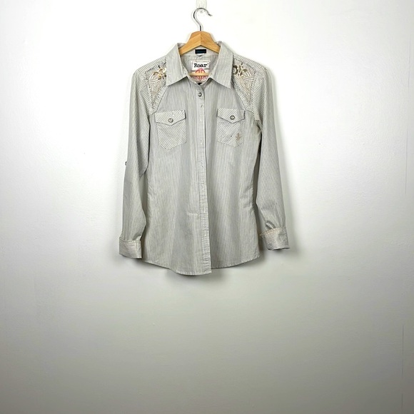ROAR button down shirt women size L long sleeve striped western cotton 2 pockets - Picture 1 of 11